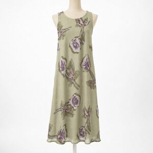 Floral Rose‎ Fairy Grunge Chiffon Shift Dress Sz S Sage Green Romantic Whimsical